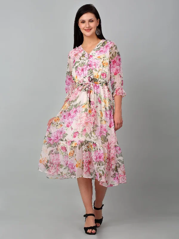 Women's Casual V neck Multi Color Floral Print Fit & Flared Dress