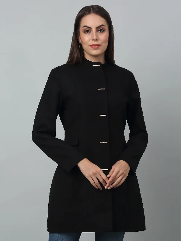 Women's Casual  Black Single breasted  Stand Collar Long Coat