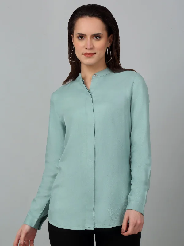 Women's Casual  Light Green Solid Mandarin Collar Tunic