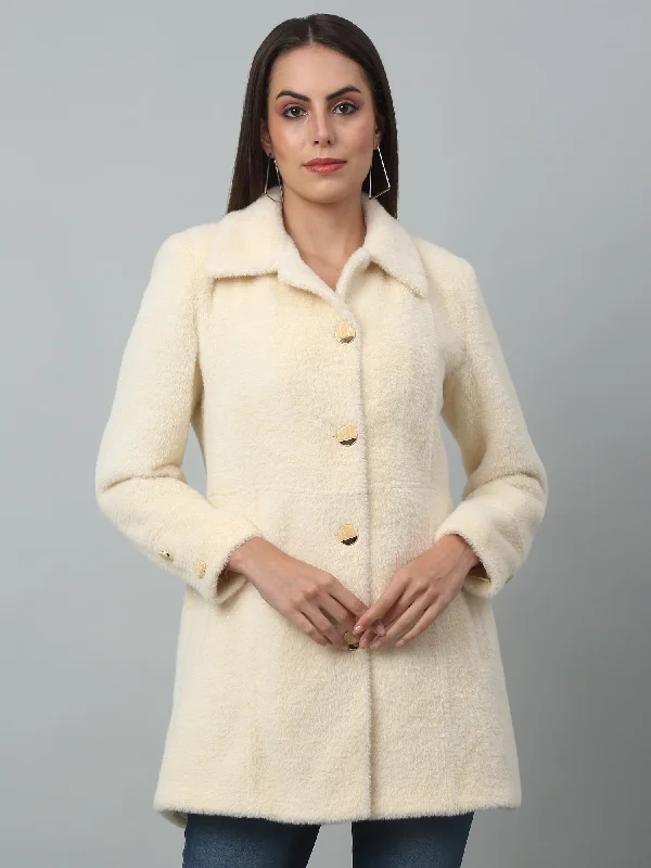 Women's Casual  Ivory Single breasted  Spread Collar Long Coat