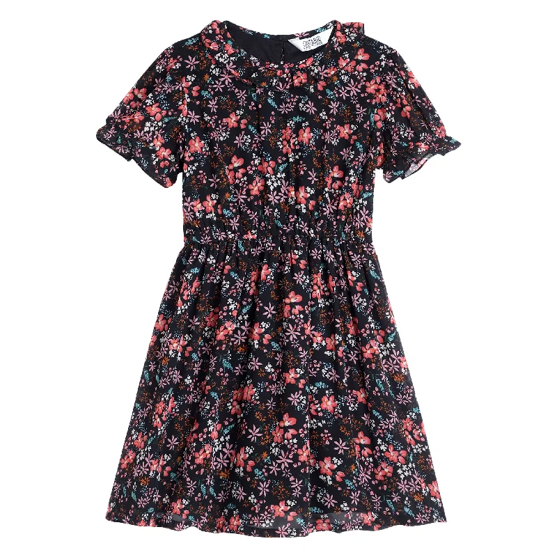 Girls Black Floral Printed Half Sleeves Casual Dress