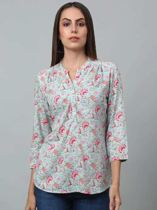 Women's Casual  Multi Color Floral Print Mandarin Collar Tunic