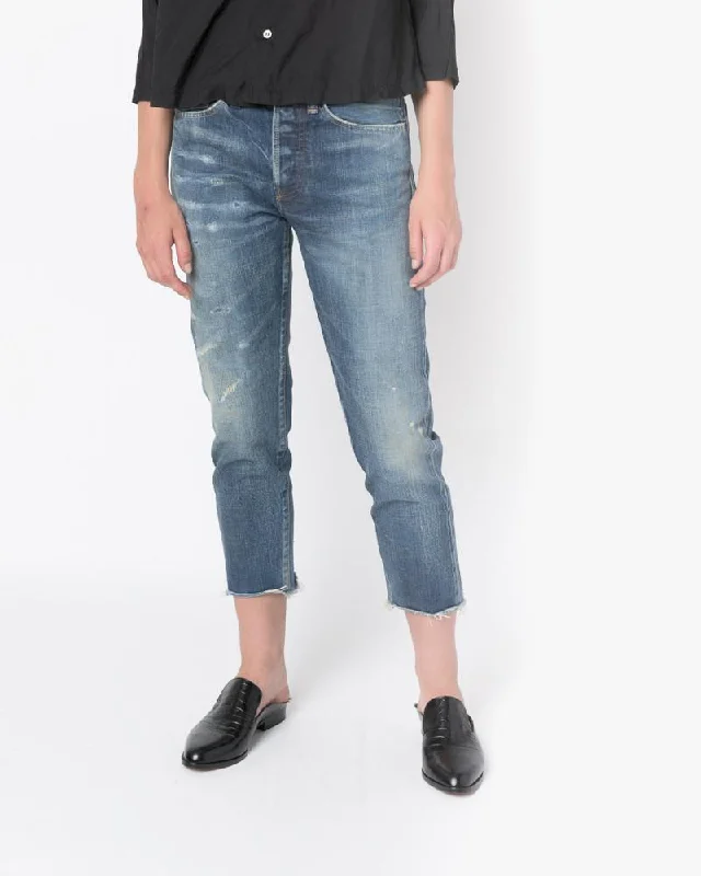 Selvedge Denim Narrow Tapered Cut Jeans in Used Repair