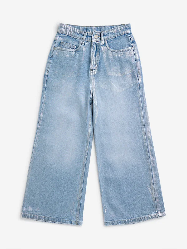 Y&F Kids Light Blue Foil-Detailed Relaxed - Fit High - Rise Jeans