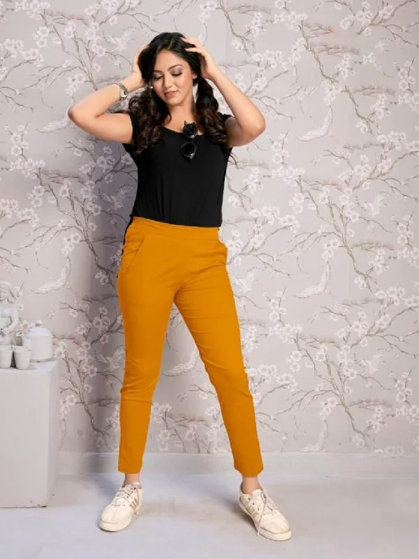 Cotton Lycra Women Pants Mustard Yellow