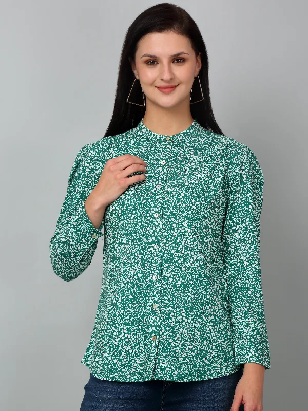 Women's Casual  Green Ditsy Print Mandarin Collar Tunic