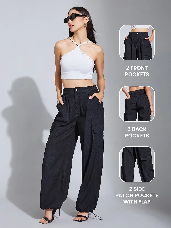 Women's Black High-Rise Stretchable Light Weight Denim Cargo Parachute Pants