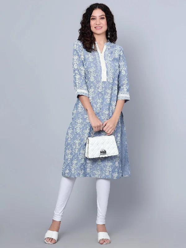 Women's Casual Band Collar Blue Printed Calf Length Kurti