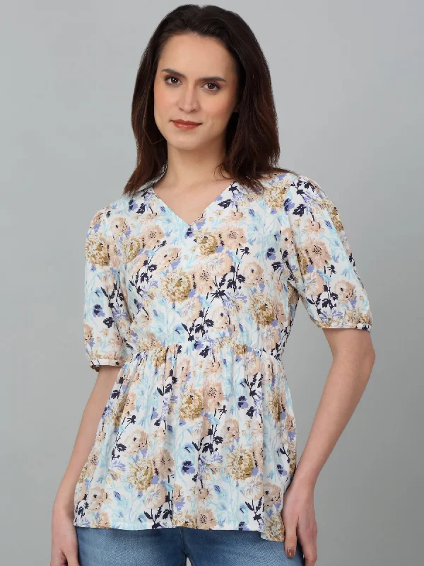 Women's Casual  Multi Colr Floral Print V neck Top