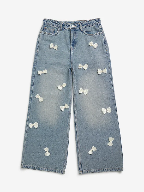 Y&F Kids Blue Bow-Adorned Wide - Leg Fit High - Rise Jeans