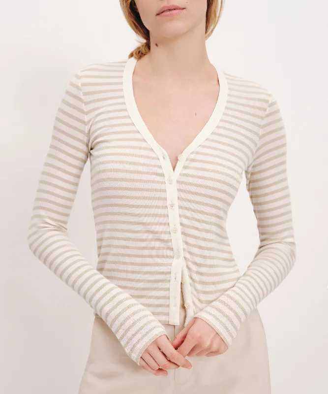 Modal Rib Stripe Long Sleeve Cardigan Top - Chalk-Morning Mist