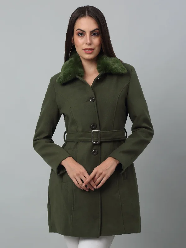 Women's Casual  Green Single breasted  Faux Fur Spread Collar Long Coat