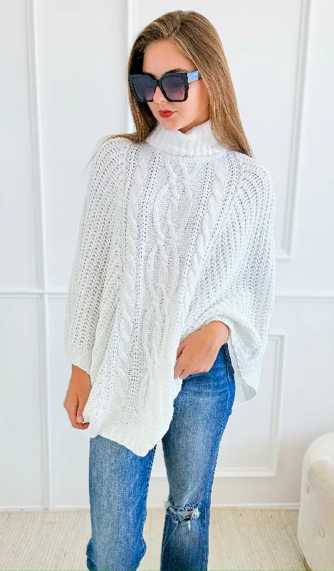 Knitted Turtle Neck Poncho-Off White