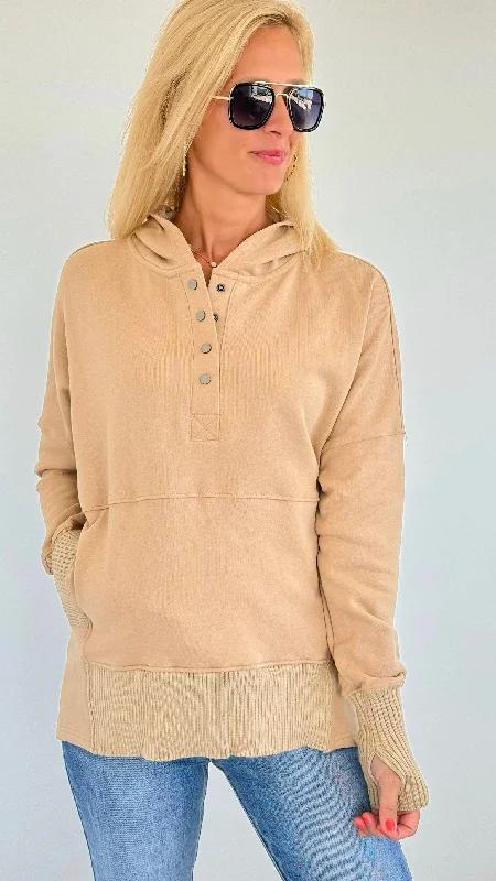 French Terry Buttoned Down Hoodie - Taupe