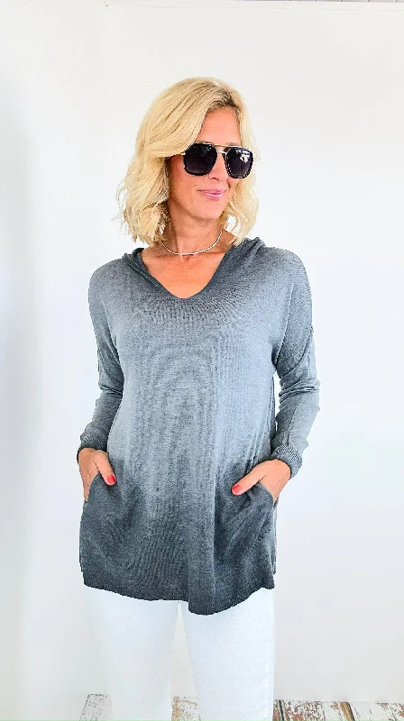 Hoodie V-Neck Italian Sweatshirt Top - Gray