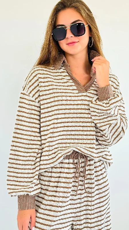 Knitted Striped Collared Top - Brown