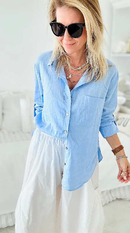 Linen Button Down Top - Light Blue