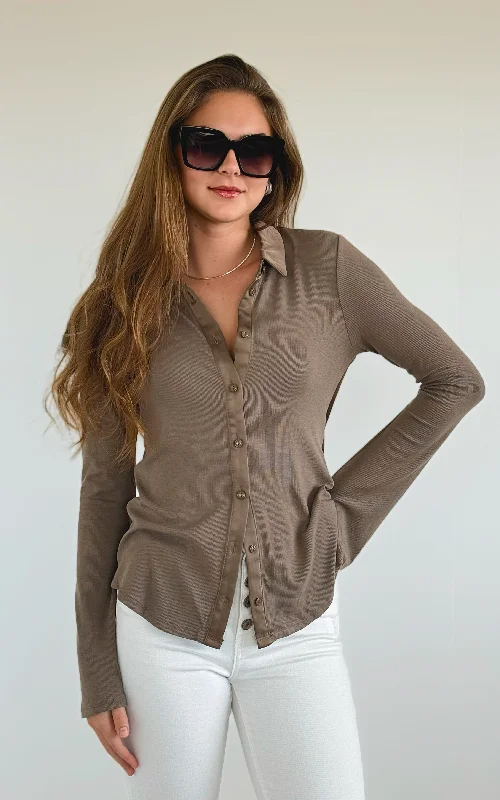 Glam Button-Up Top- Dark Taupe