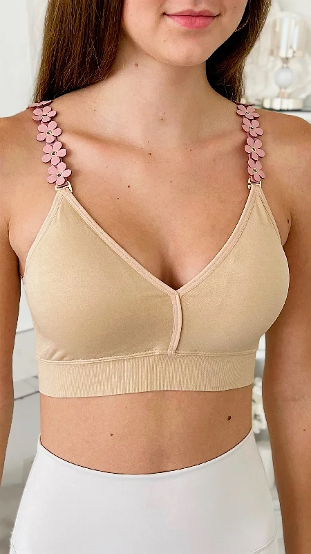 Strap Situation Bra - Nude W Suede Blush Flowers Plunge