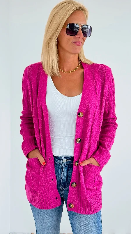 Open Front Cable Knit Cardigan - Magenta