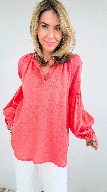 Savannah Breeze Peasant Blouse - Coral