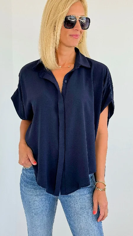 Sleeveless  Hi-Low Shirt Top-Navy