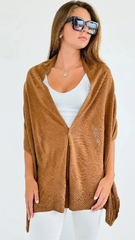 Solid V-Neck with Buttons Poncho - Khaki