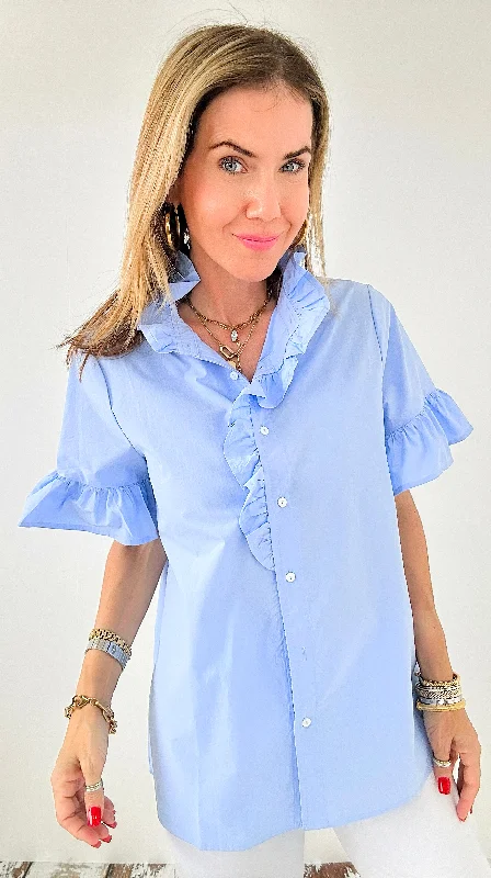 Sunshine Ruffle Button Down Top - Dusty Blue