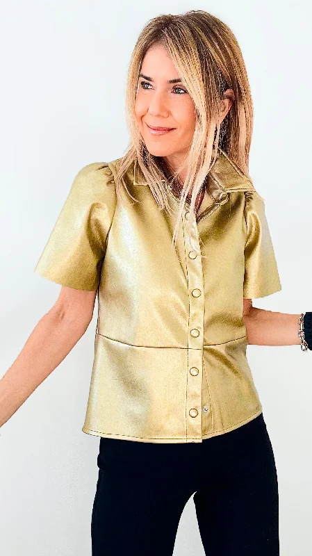 Vegan Leather Metallic Button Down Top - Champagne