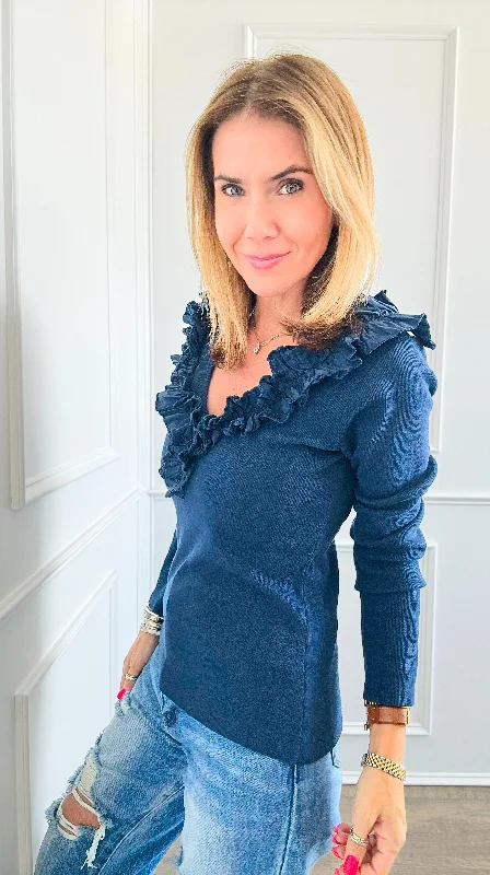 Whimsical Ruffle Italian Pullover- Navy