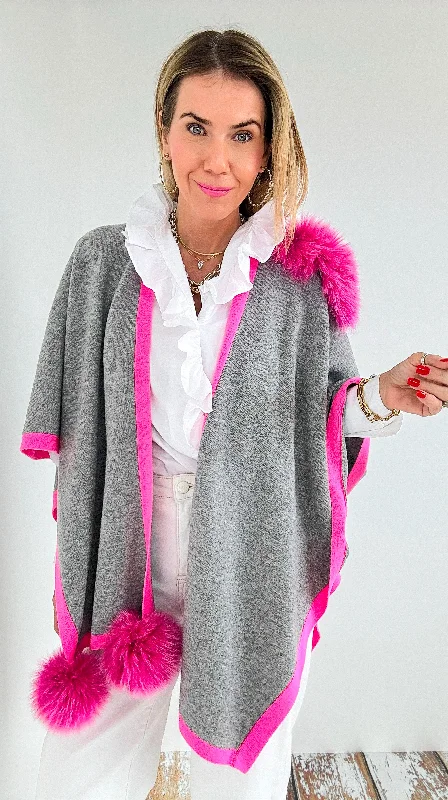 Wrapped Knit Poncho - Lt. Grey/ Neon Pink