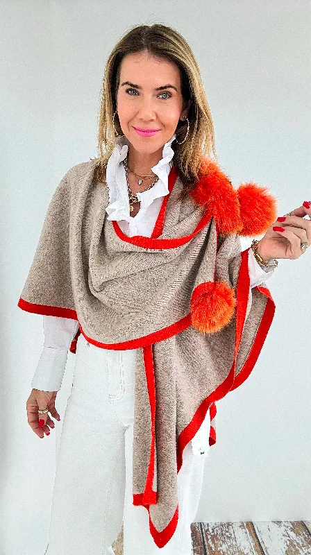 Wrapped Knit Poncho - Beige/Orange