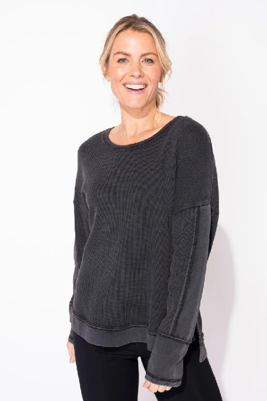 Waffle Knit Boxy Thermal Top in Black by Escape