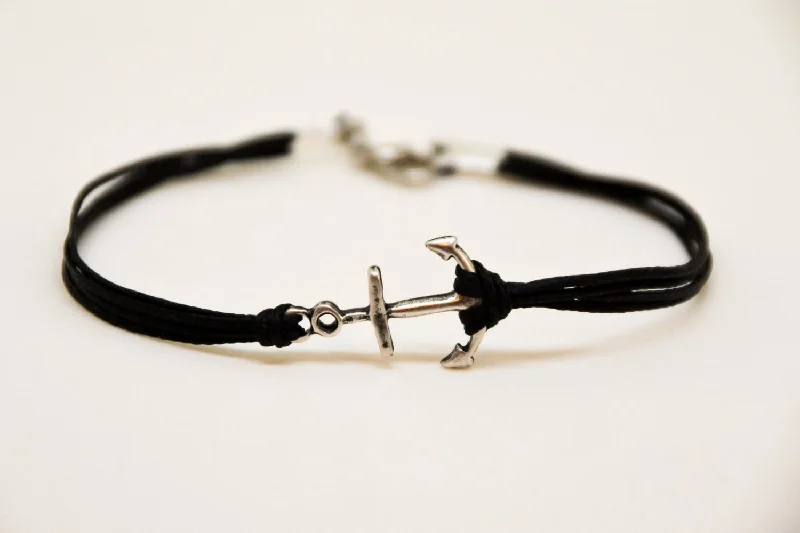 Silver anchor bracelet for men, black cord, nautical beach jewelry