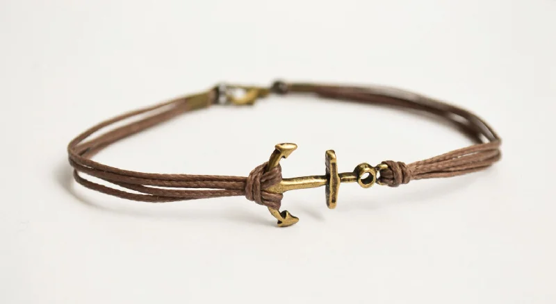 Bronze anchor cord bracelet for men, brown cord, Christmas gift for him