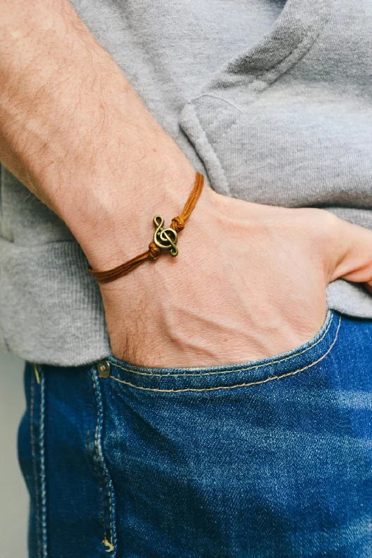 Treble clef bracelet for men, brown string, music note bead bracelet, gift for him