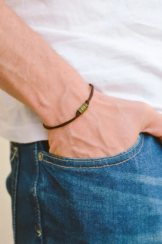 Brown cord bracelet for men, bronze tube