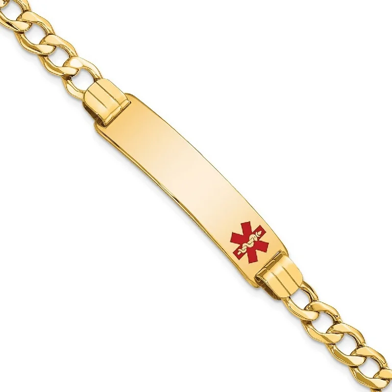 Curata 14k Yellow Gold 10.5mm Engravable Medical Red Enamel Curb Link ID Bracelet