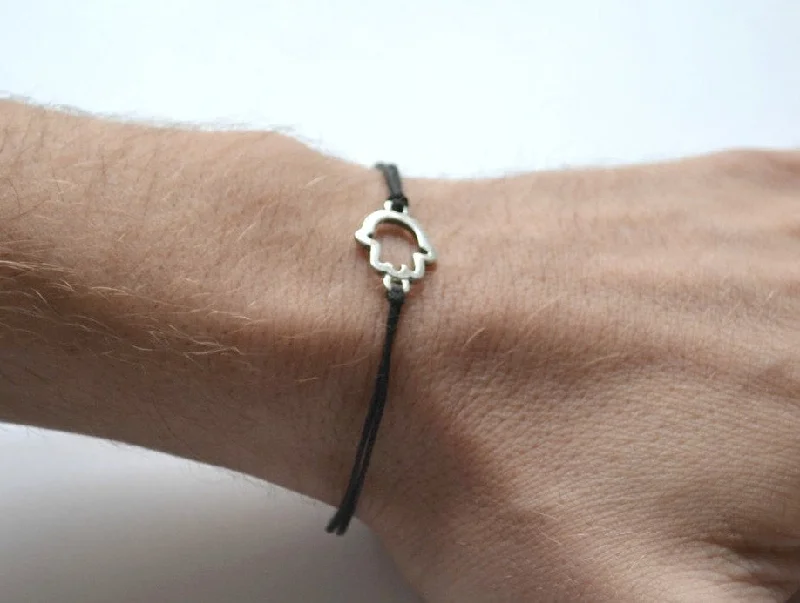 Silver Hamsa bracelet for men, black cord, Kabbalah jewelry, gift for him