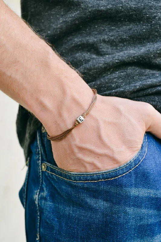 Initial bracelet for men, brown cord, silver letter bead, custom gift for him