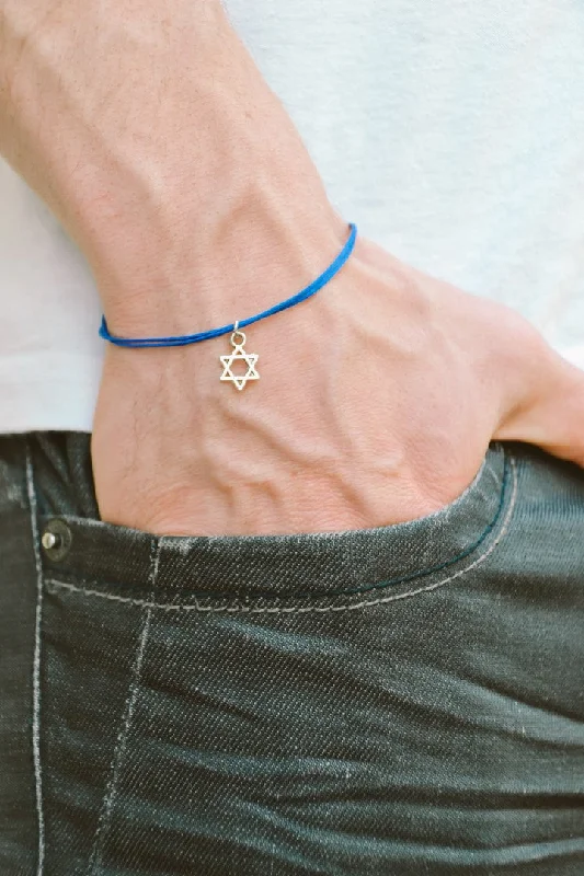 Silver Star of David charm bracelet for men, blue cord, Jewish gift for him, custom color