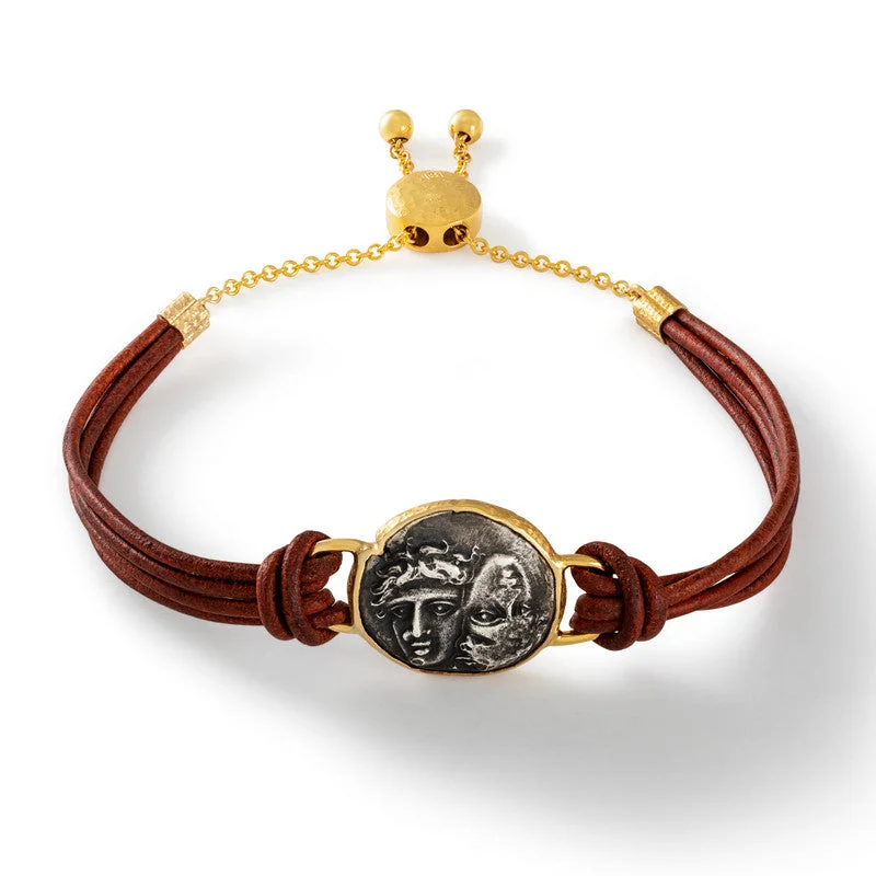 Unisex Ancient Authentic Gemini Twins Coin Leather Bracelet