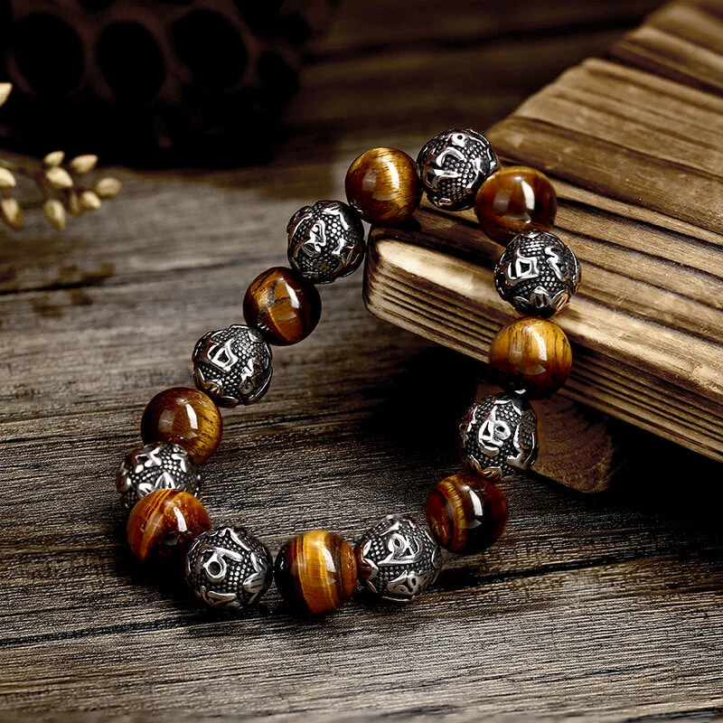 Vintage Six-character Stainless Steel Buddha Bead Bracelet