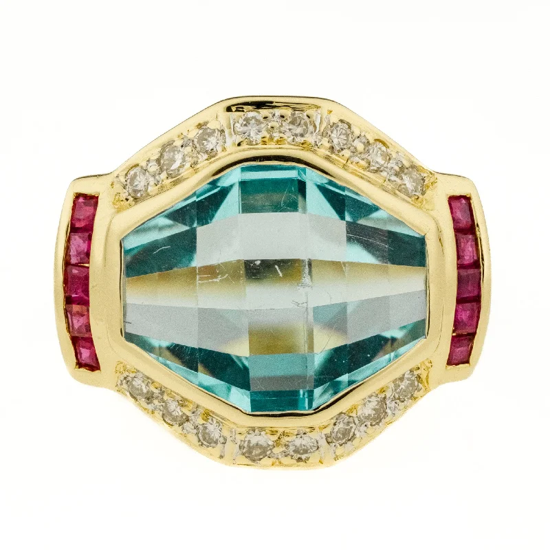 Blue Topaz with Ruby and Diamond Accents Ring in 14K Yellow Gold - Size 5.75