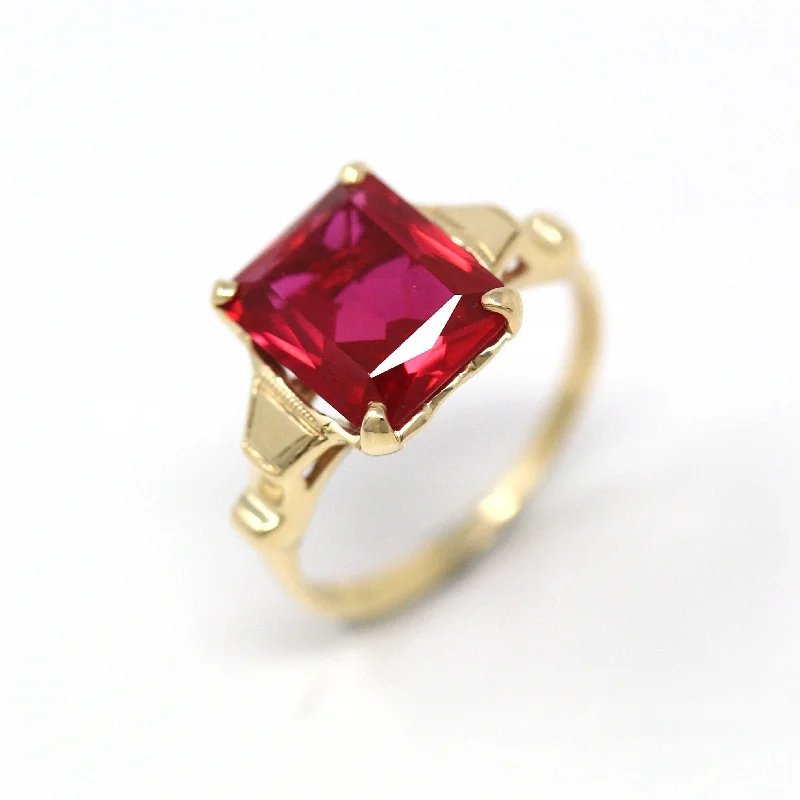 Sale - Created Ruby Ring - Vintage 10k Yellow Gold Red Faceted 3.22 CT Stone Solitaire Style - Retro Era Circa 1940s Size 5 Fine 40s Jewelry