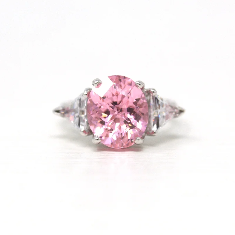 Sale - Pink CZ Ring - Estate 14k White Gold Cubic Zirconia Fancy Cut Stones - Modern Circa 2000s Era Size 7 1/4 Statement 10.70 CT Jewelry