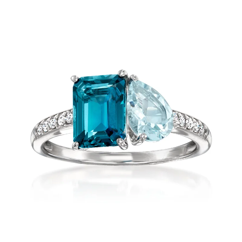 Ross-Simons London Blue Topaz and . Aquamarine Toi Et Moi Ring With . Diamonds in 14kt White Gold