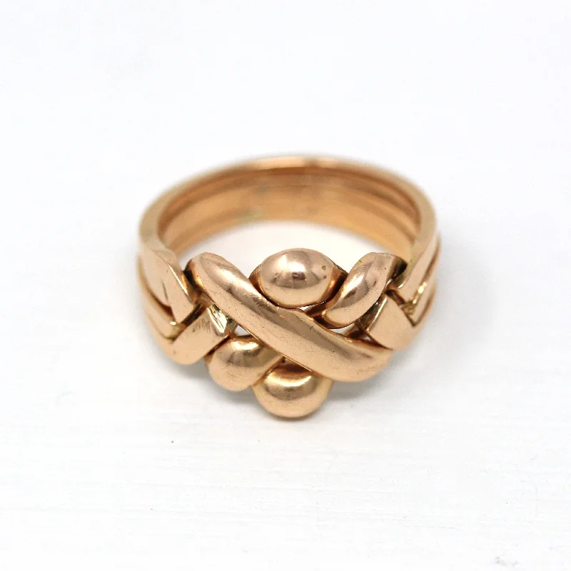 Sale - Vintage Puzzle Ring - Retro 14k Rose Gold Four Interlocking Statement Band - Circa 1970s Era Size 11 1/4 Infinity Woven Knot Jewelry