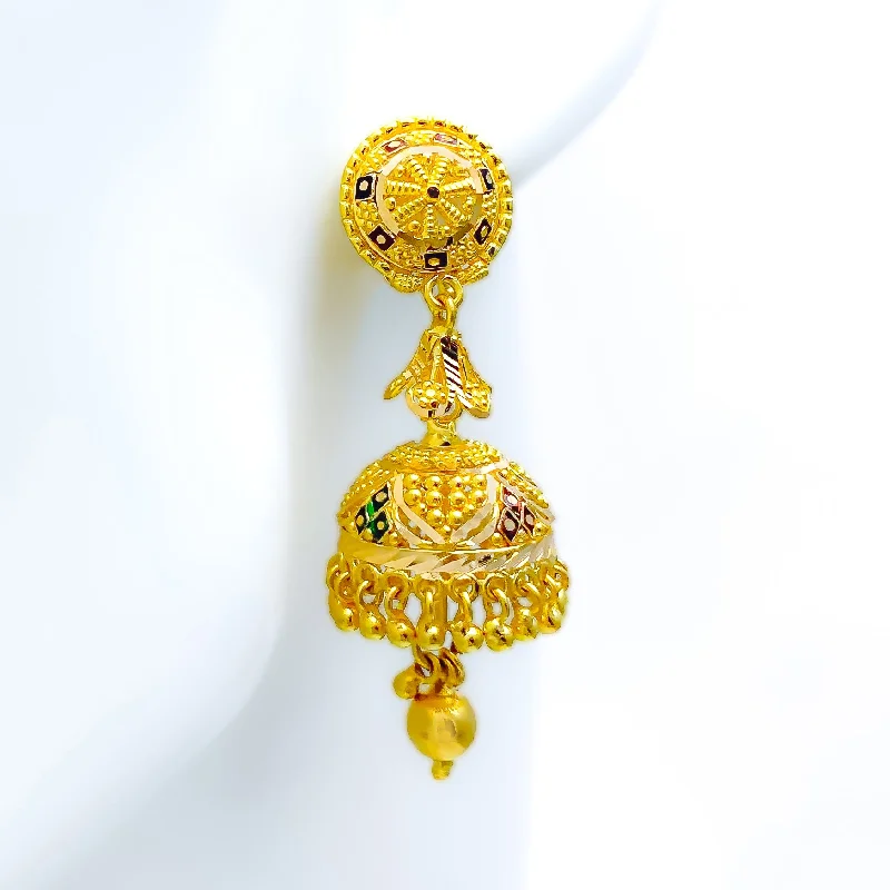 Shimmering Beaded Flower 22k Gold Jhumki Earrings