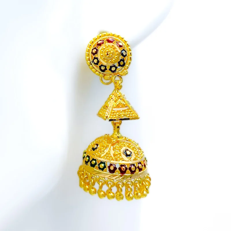 Vibrant Meenakari 22k Gold Jhumki Earrings